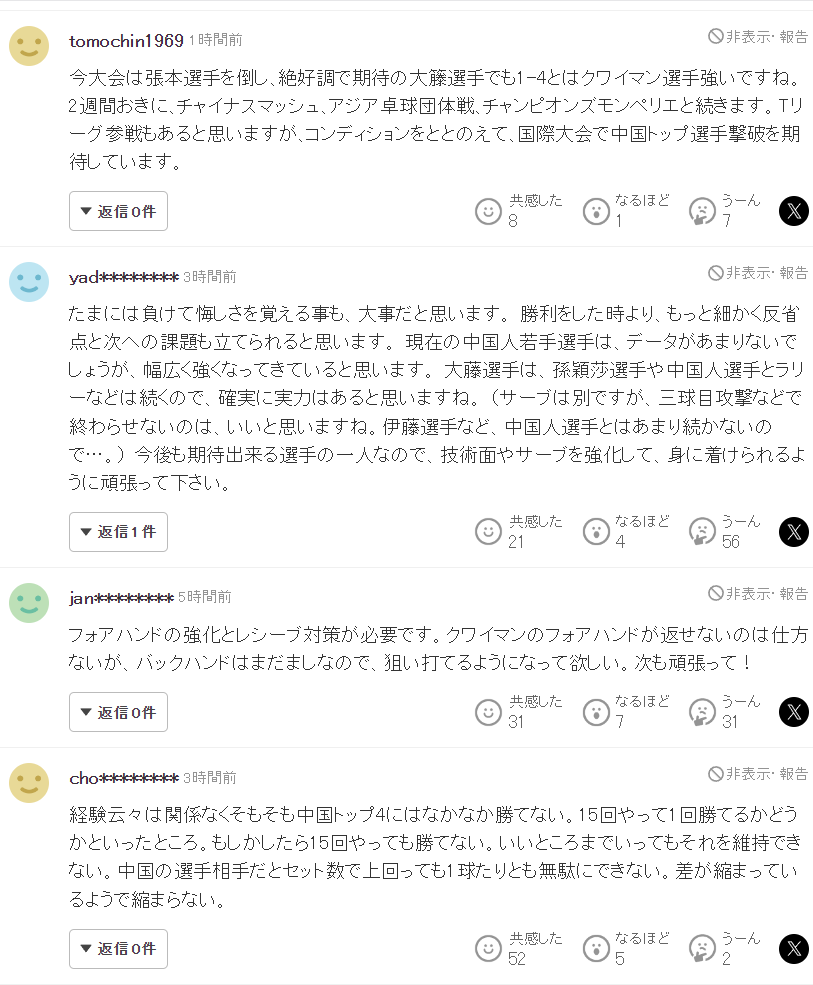 大藤沙月选, 度不满意, 但日乒男队